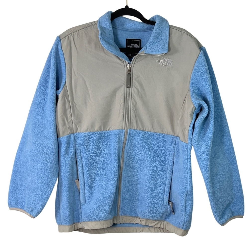 North Face Girls Blue Gray Polartec Full Zip Fleece Jacket Athletic Warm Kids XL